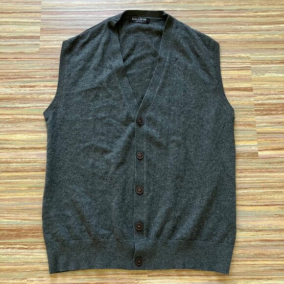 Kallspin V-Neck Button Front Sweater Vest Wool Blend Grey Heather XL Tall - Picture 1 of 3